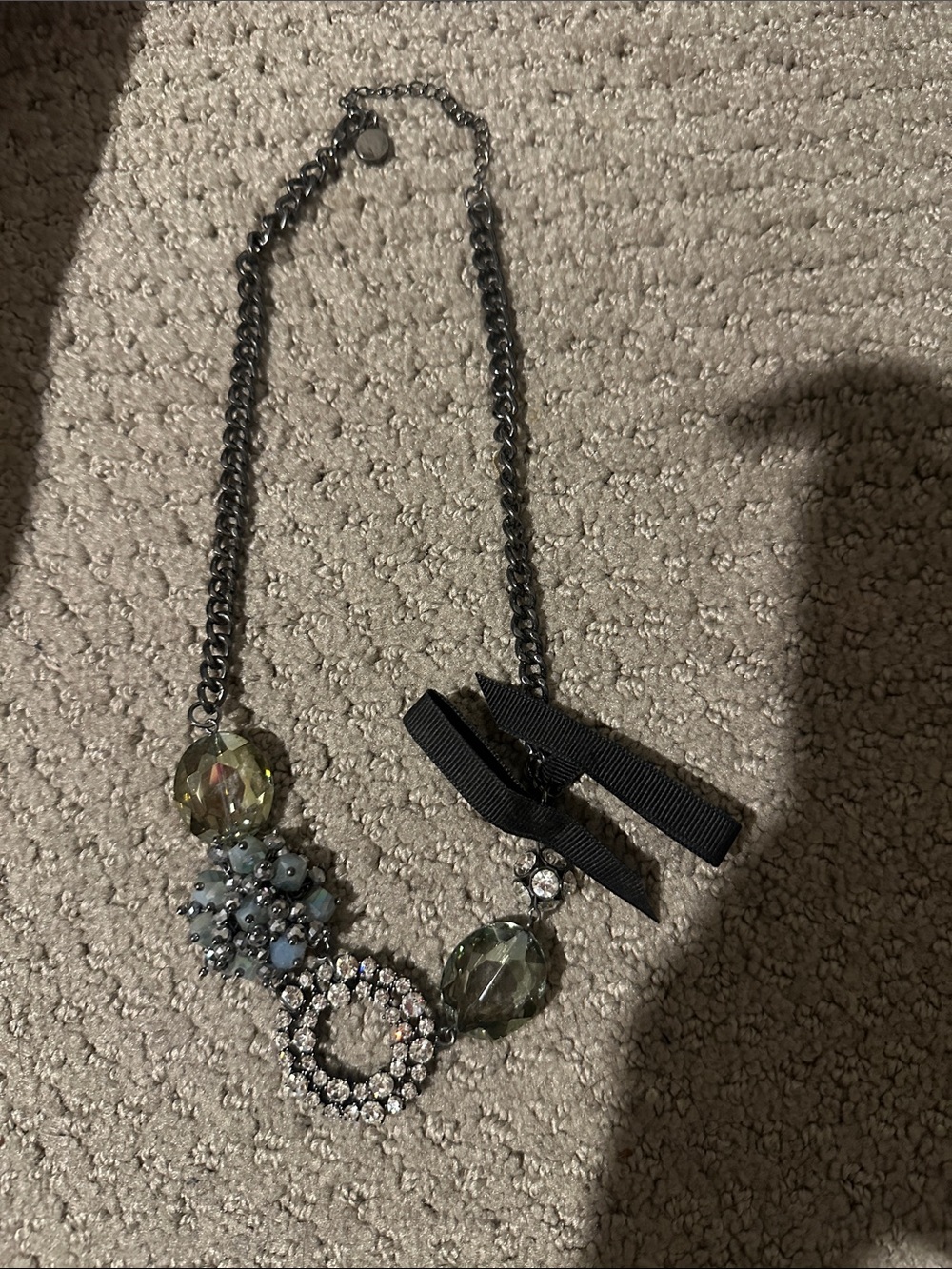 Ann Taylor Black Ribbon and Crystal Cluster Necklace with Pale Green Beads